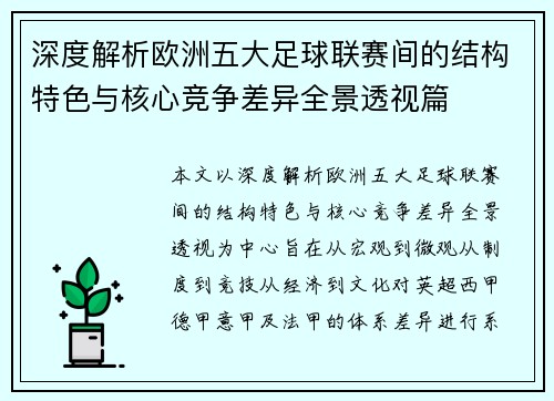深度解析欧洲五大足球联赛间的结构特色与核心竞争差异全景透视篇 深度解析欧洲五大足球联赛间的结构特色与核心竞争差异全景透视篇